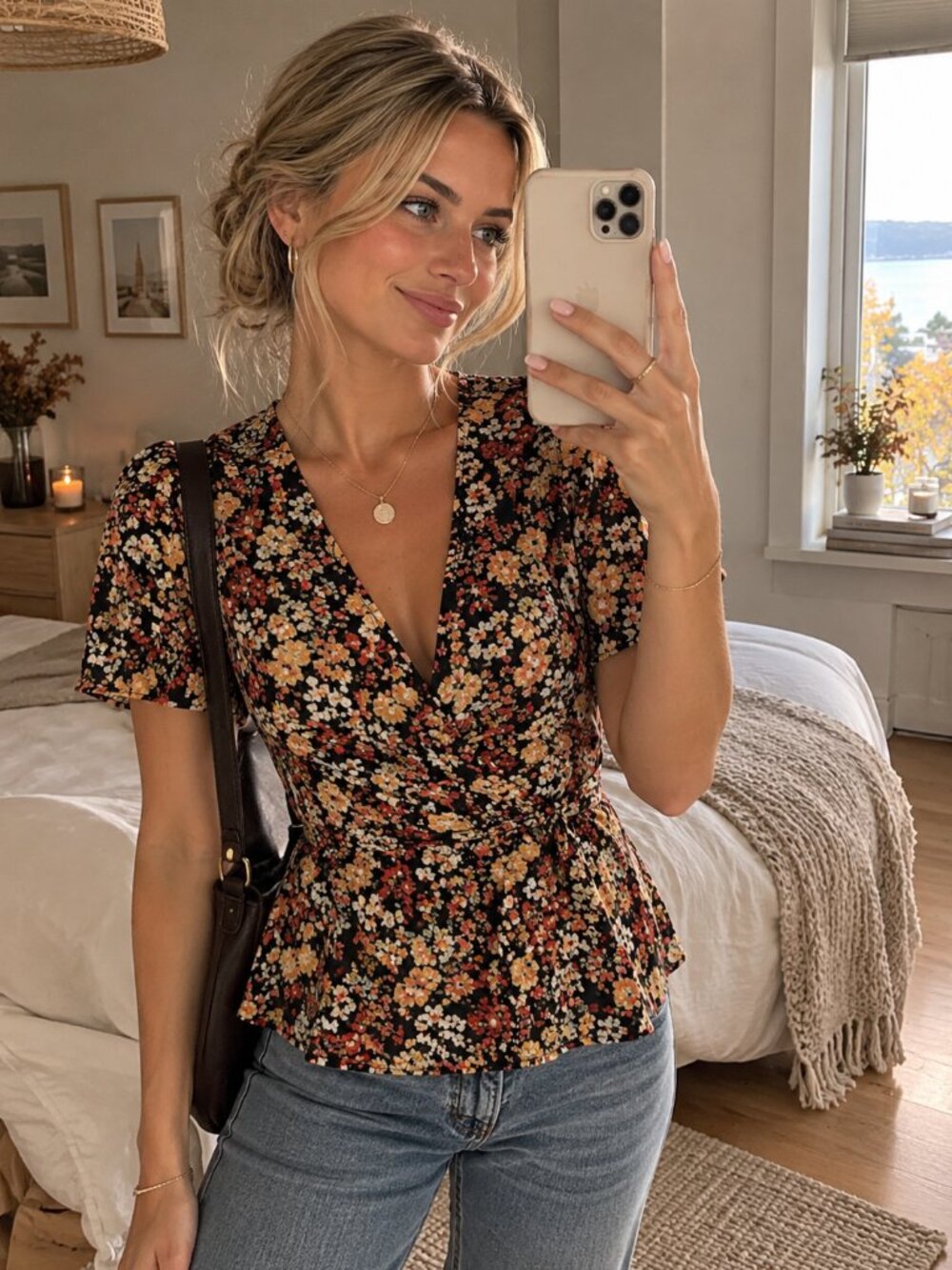 Black Floral Wrap Peplum Top Orange Floral Short Sleeve Blouse Romantic Fall Top